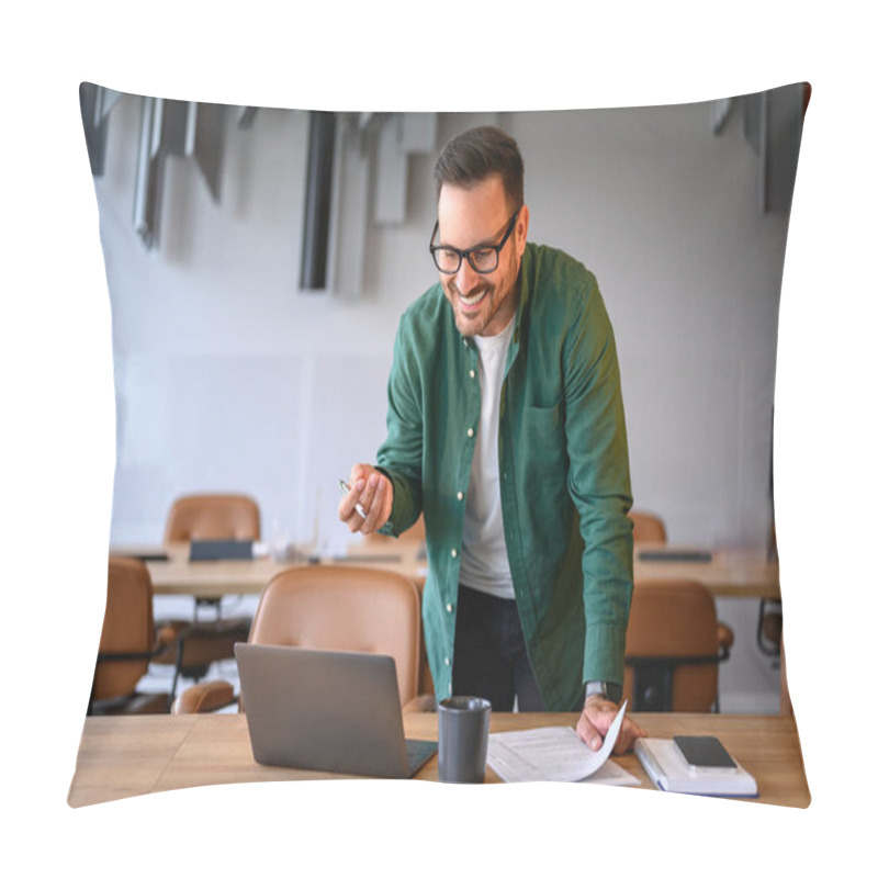 Personality  Positive Businessman Smiling And Discussing Over Video Call On Laptop While Standing At Desk In Office Pillow Covers