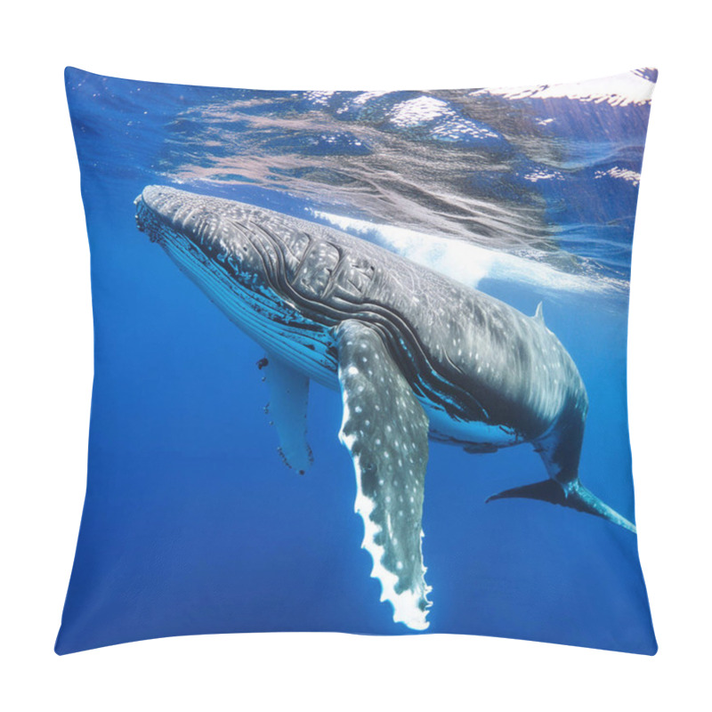 Personality  Whale. Whale Under The Water Of The Sea And The Ocean. World Whale Day. 23 July. A Baby Humpback Whale Plays Near The Surface In Blue Water. Humpback Whale Pillow Covers