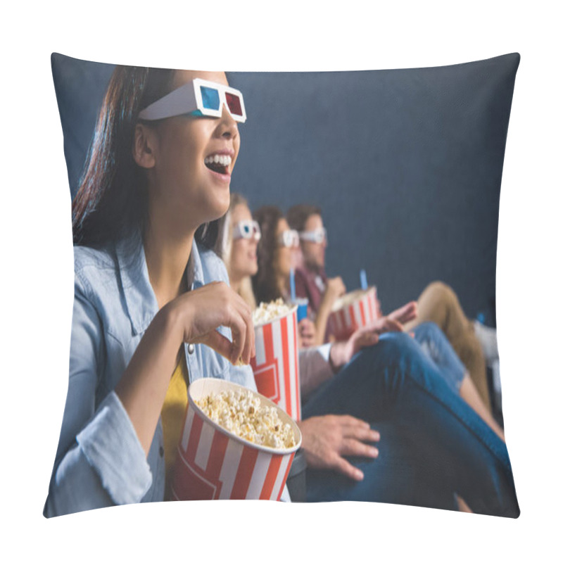 Personality  Happy Asian Woman In 3d Glasses With Popcorn Watching Movie In Cinema Pillow Covers