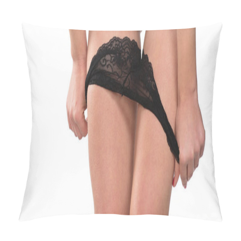 Personality  Woman Is Dressing Her Panties On White Background Pillow Covers