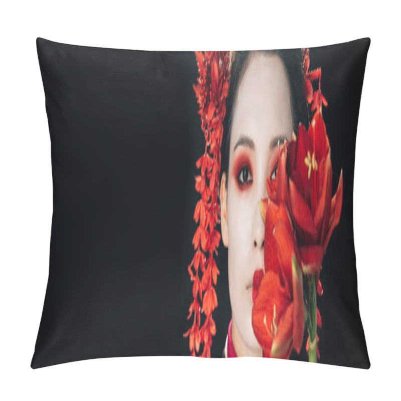 Personality  Portrait Of Beautiful Geisha In Black Kimono With Red Flowers Isolated On Black, Panoramic Shot Pillow Covers