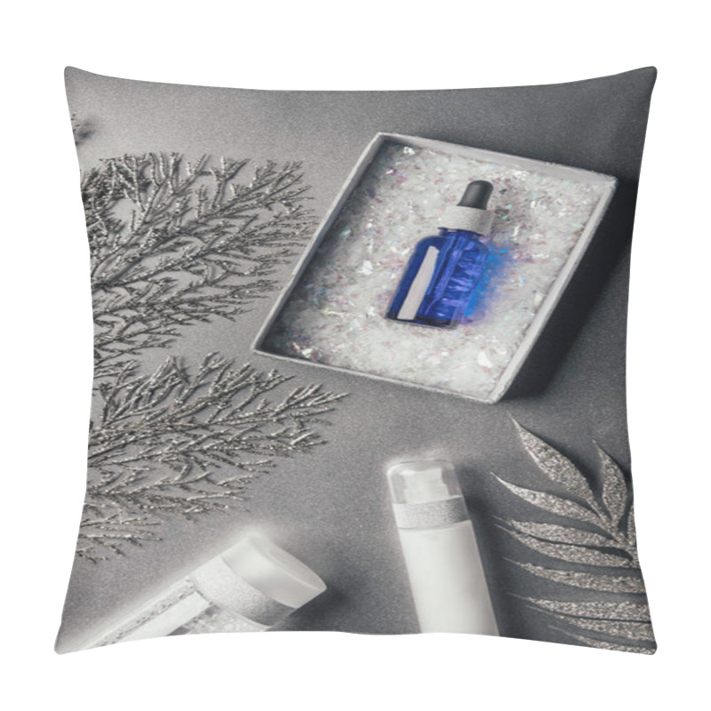 Personality  Elevated View Of Christmas Gift Box With Serum, Lotion, Micellar Water, Decorated Branches On Silver Pillow Covers