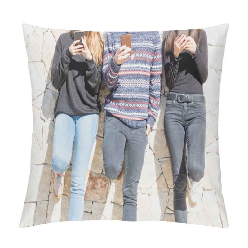 Personality  Young People Using Their Smartphone Lined Up Standing Against A Wall With Their Faces Cut Off Unrecognizable Person Pillow Covers