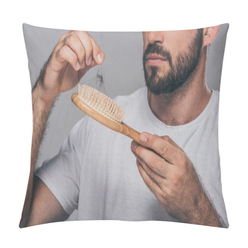 Personality  Cropped Shot Of Bearded Man Holding Hairbrush, Hair Loss Concept Pillow Covers