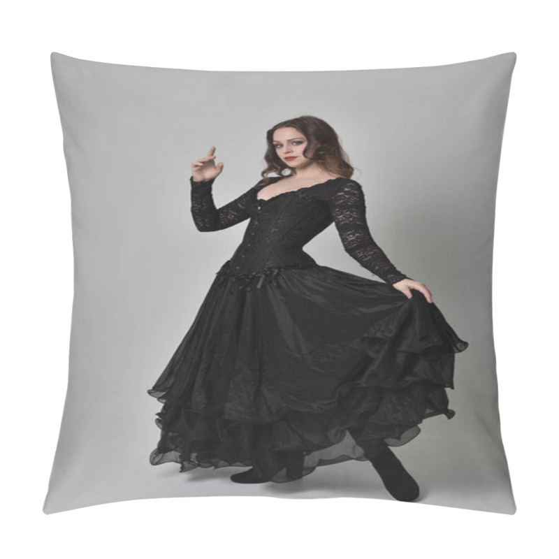 Personality  Full Length Portrait Of Brunette Girl Wearing Long Black Lace Gown Wit Corset. Standing Pose, Isolated On Grey Studio Background. Pillow Covers