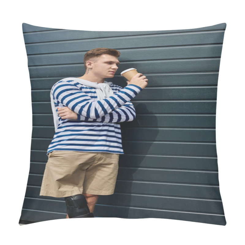 Personality  A Stylish Young Man Leans Against A Wall, Sipping Coffee With Confidence And Grace. Pillow Covers