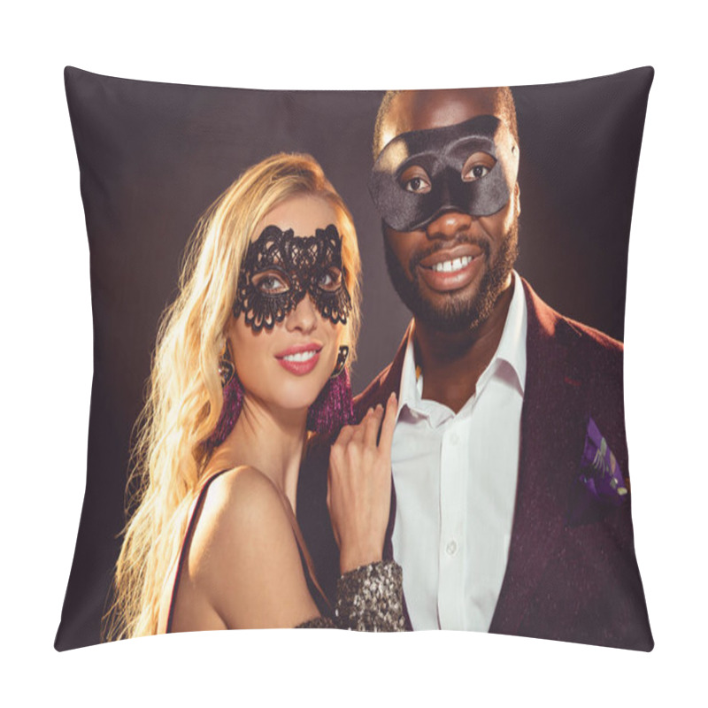 Personality  Glamorous Multiethnic Smiling Couple In Carnival Masks For New Year Party Pillow Covers