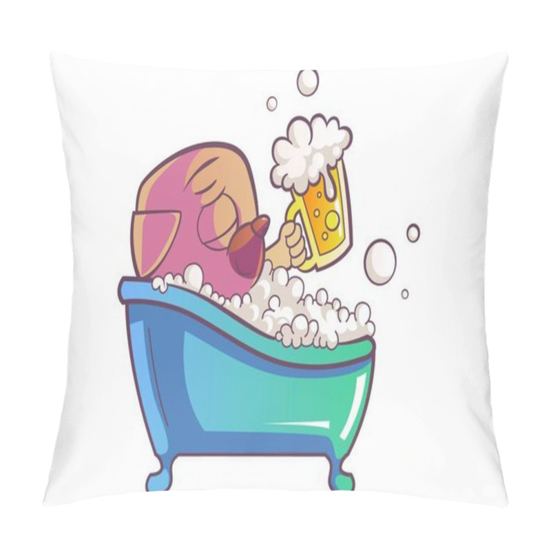 Personality  Vector Cartoon Illustration. Cute Pug Is Bathing And Holding The Beer Cup In  Hand. Isolated On White Background. Pillow Covers