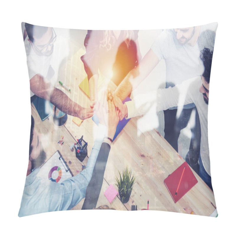 Personality  Business People Putting Their Hands Together. Concept Of Integration, Teamwork And Partnership. Double Exposure Pillow Covers