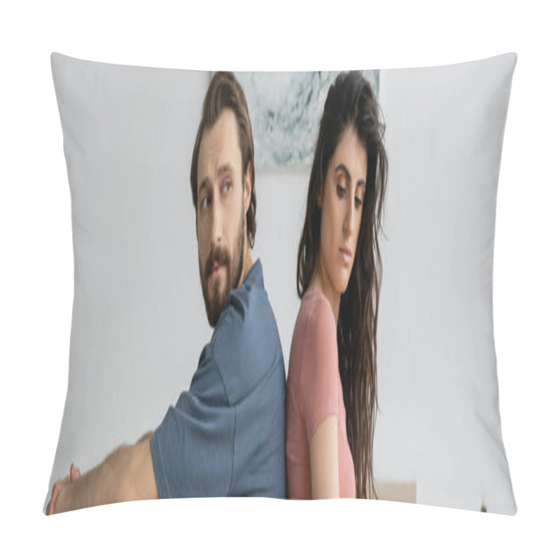 Personality  Sad Woman Sitting Back To Back With Asexual Boyfriend At Home, Banner  Pillow Covers