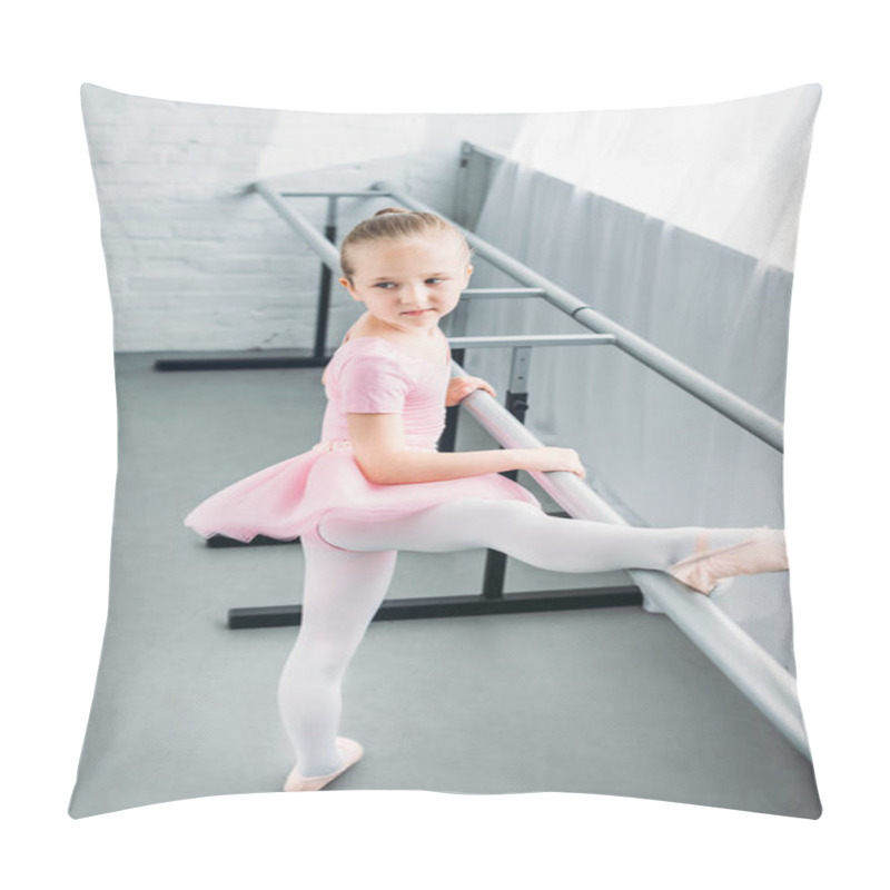 Personality  High Angle View Of Child In Pink Tutu Exercising In Ballet School Pillow Covers