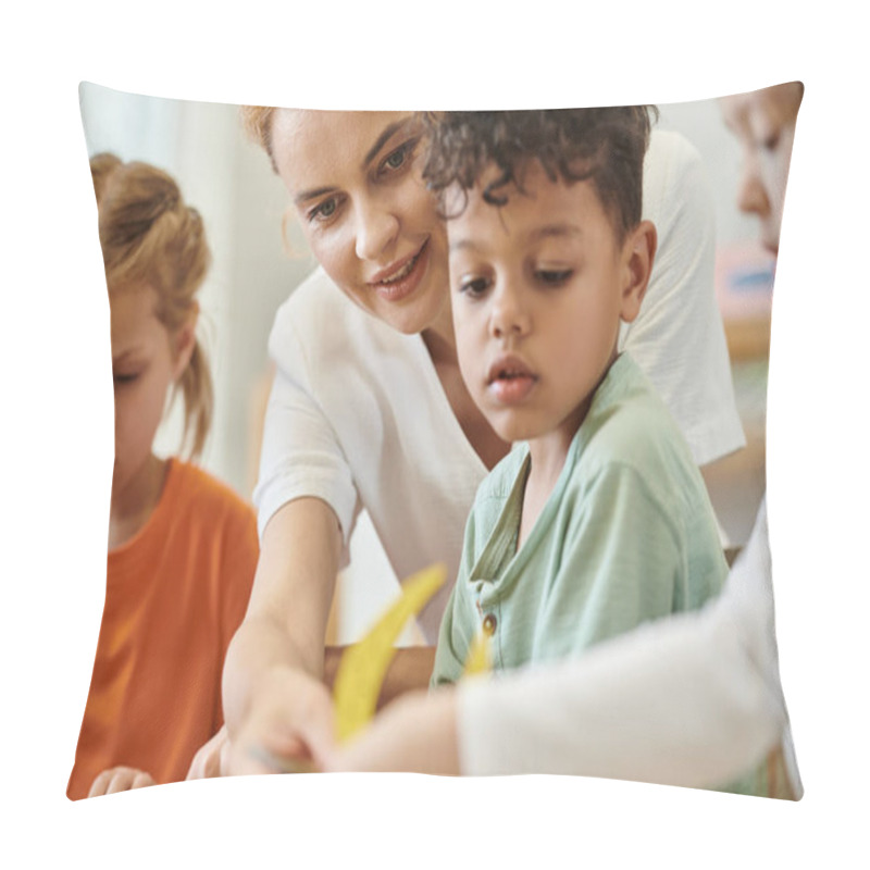 Personality  Smiling Teacher Talking To African American Kid Near Children In Montessori School Pillow Covers