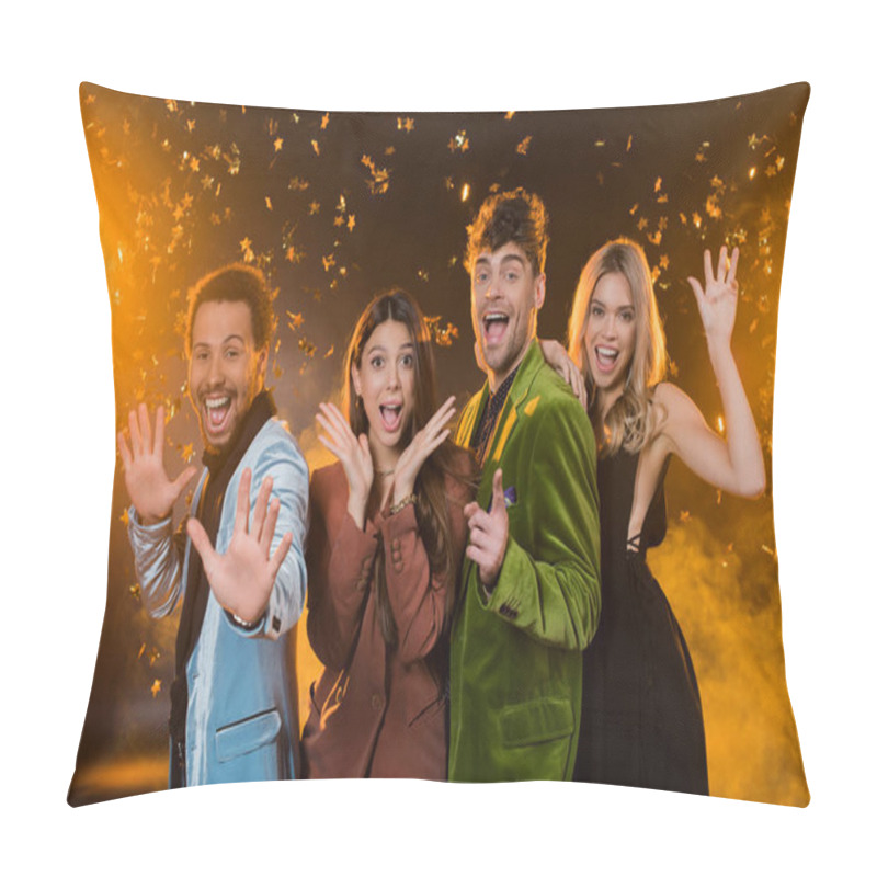 Personality  Excited Interracial Friends Gesturing Near Falling Confetti On Black Pillow Covers