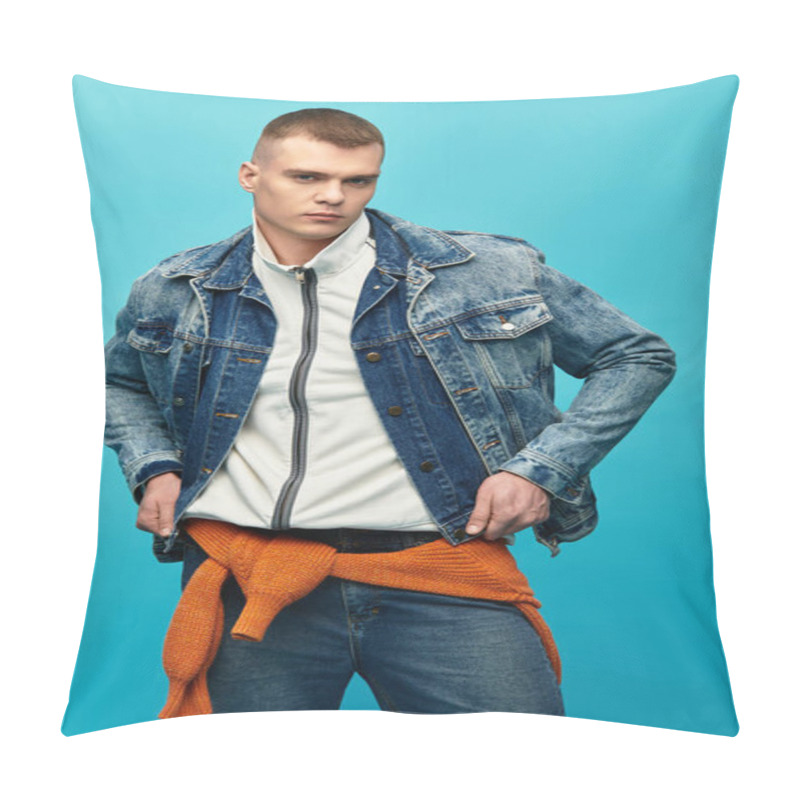 Personality  A Young Man Confidently Displays A Trendy Outfit Against A Vibrant Background. Pillow Covers