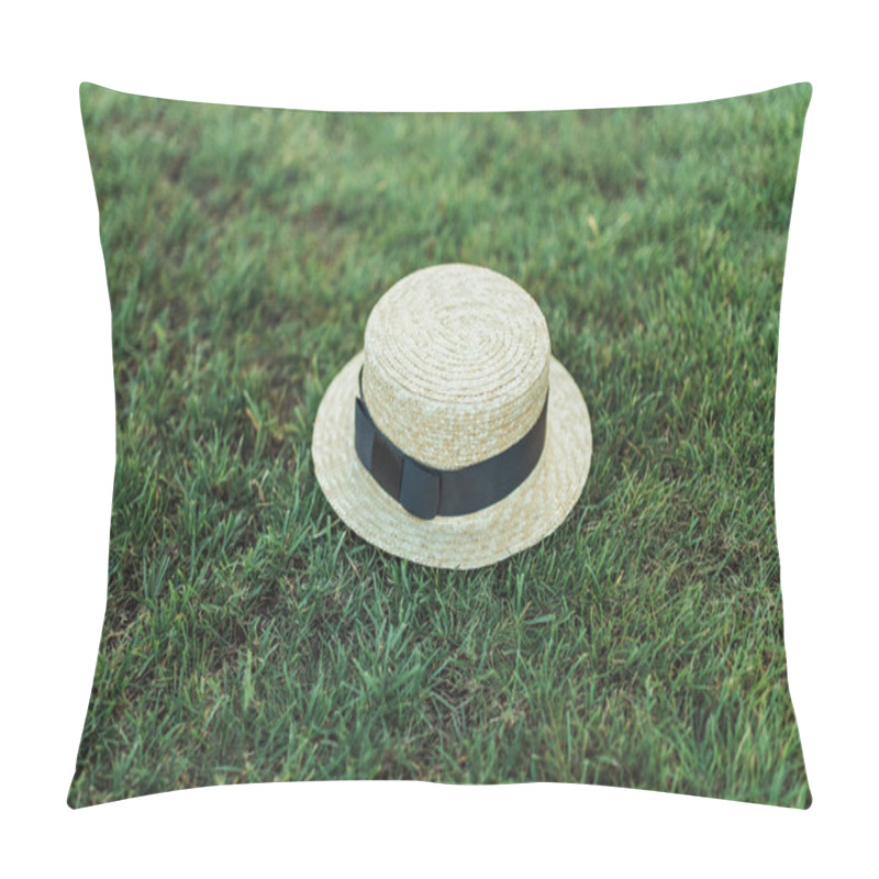 Personality  Stylish Straw Hat With Ribbon On Grass Pillow Covers