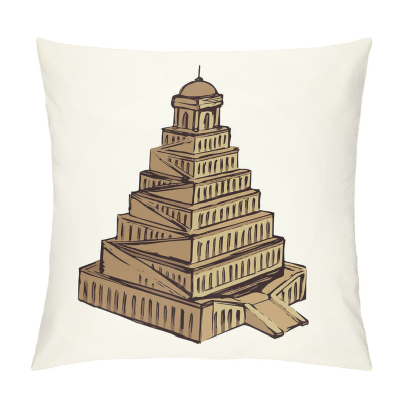 Personality  Famous Biblic Story Of Aged Sumer Babil Tall Palace. Big Nimrud Fortress Exterior Scene. Middle East Assyrian Empire Country View. Hand Drawn Ink Picture Icon Sketch In Art Retro Engrave Cartoon Style Pillow Covers