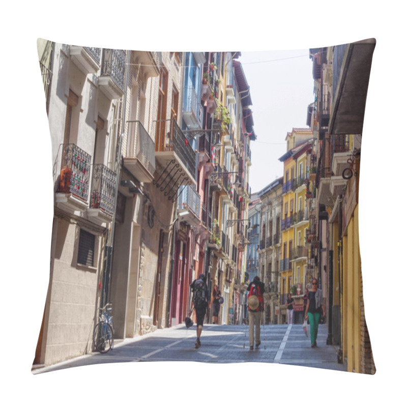 Personality  Pilgrims Approach The City Center On Calle Del Carmen - Pamplona, Navarre, Spain, 4 September 2014 Pillow Covers