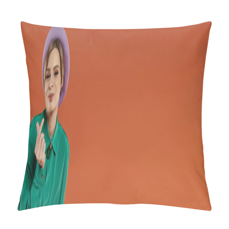 Personality  A Woman In A Green Shirt And Purple Beret Poses Confidently Against A Bright Orange Background. Pillow Covers