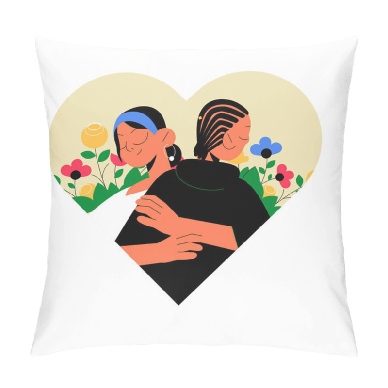 Personality  Illustration Of A Couple Embracing With A Floral Background Inside A Heart Shape, Symbolizing Love, Care, And Affection, Flat Vector Style, Isolated On White Background. Pillow Covers