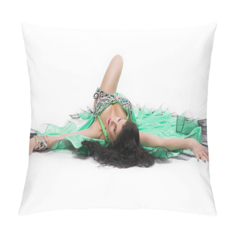 Personality  Young Beautiful Exotic Eastern Women In Ethnic Green Dress. Isolated On White Background Pillow Covers