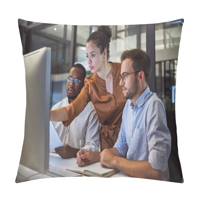 Personality  Learning, Computer And Training Business Interns In Night Office With Manager, Boss And Leadership Help. Men With Technology Planning Ideas, Kpi Strategy And Marketing Innovation Vision With Mentor. Pillow Covers