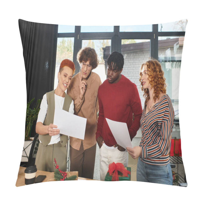 Personality  Young Coworkers Celebrate Christmas With Laughter And Gifts In Their Bright Office. Pillow Covers