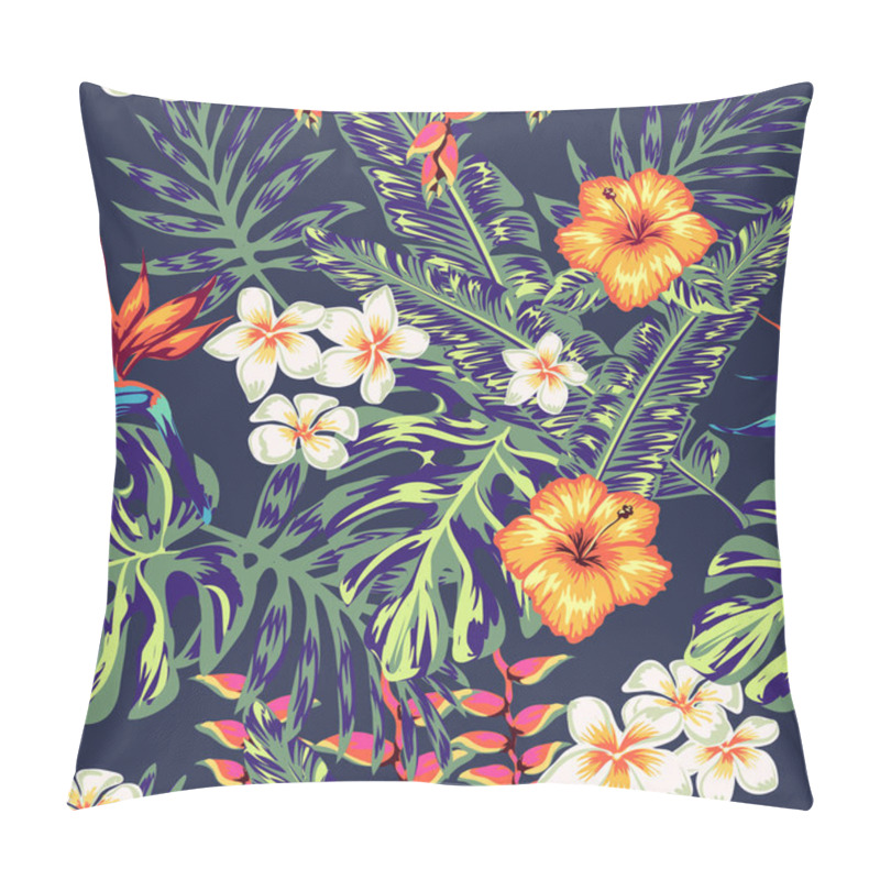 Personality  Tropical Background With Palm Leaves And Exotic Flowers And Buds Of Plants, Suitable For The Design Of Postcards, Packaging Or Fabric Decoration. Pillow Covers