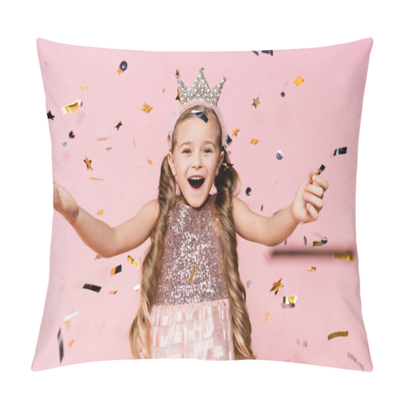 Personality  Amazed Little Girl In Crown With Outstretched Hands Near Falling Confetti On Pink  Pillow Covers