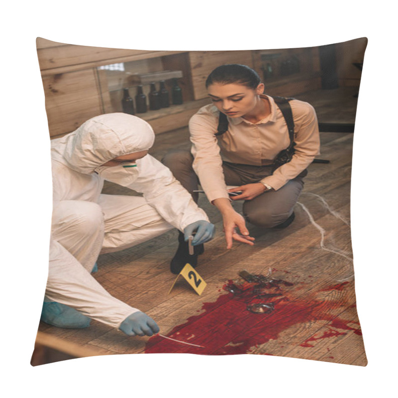 Personality  Angle View Of Forensic Investigator And Serious Female Detective Taking Samples And Examining Crime Scene  Pillow Covers