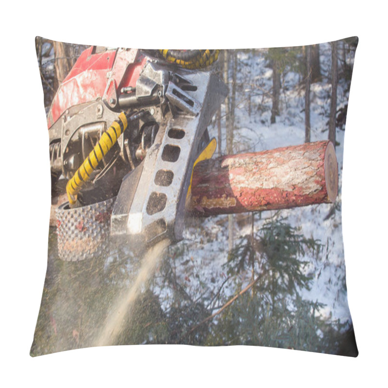 Personality  Close-up. The Automatic Harvester Saw Cuts A Tree Trunk In Two Against A Dense Forest Background Pillow Covers