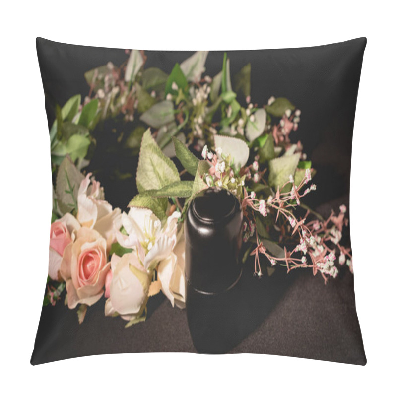 Personality  Rose Bouquet And Urn With Ashes On Black Background, Funeral Concept Pillow Covers