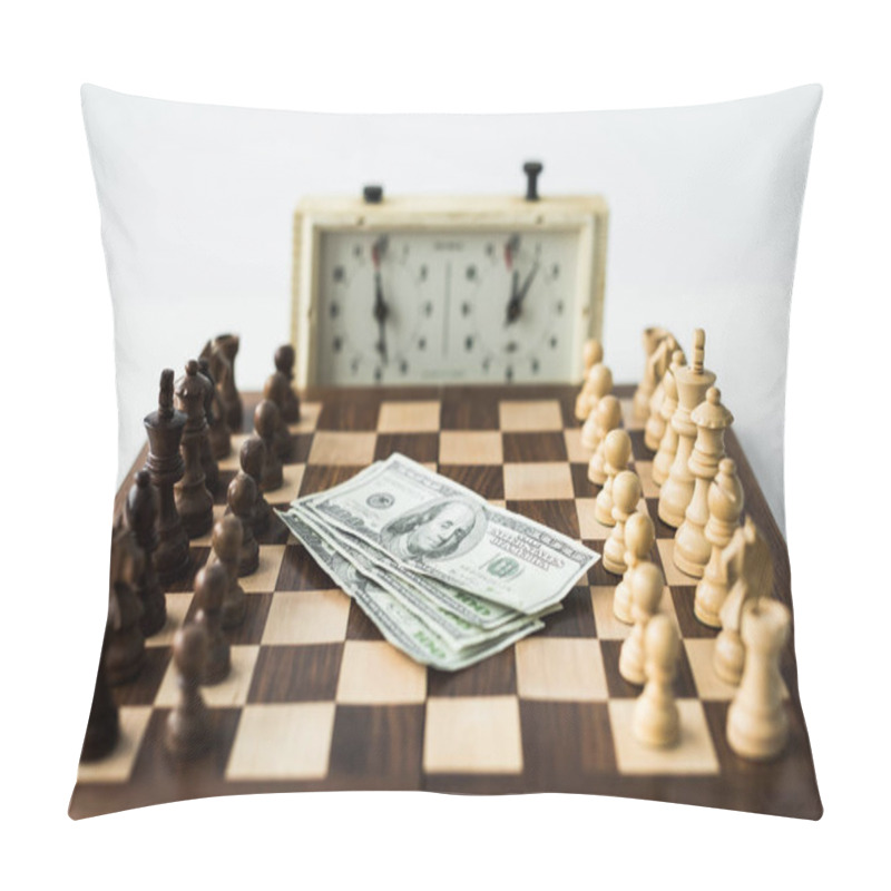 Personality  Chess Board With Cash And Figures Near Chess Clock Isolated On White Pillow Covers