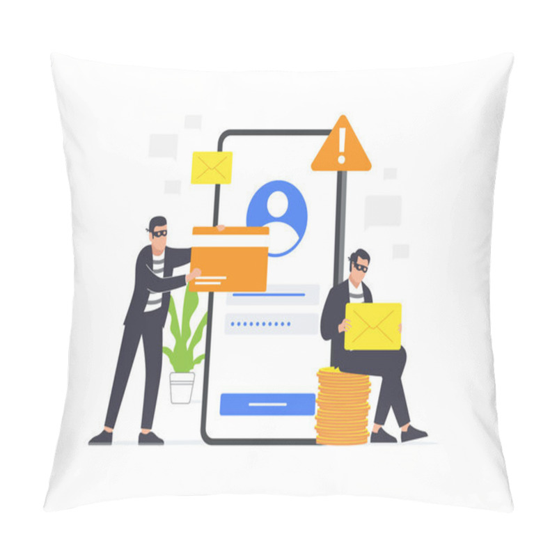 Personality  Cybercriminals Engage In Phishing To Steal Private Information: Personal Data, Credentials, Passwords, Bank Documents, And Credit Card Details. Flat Illustration Of Cybercriminals. Pillow Covers