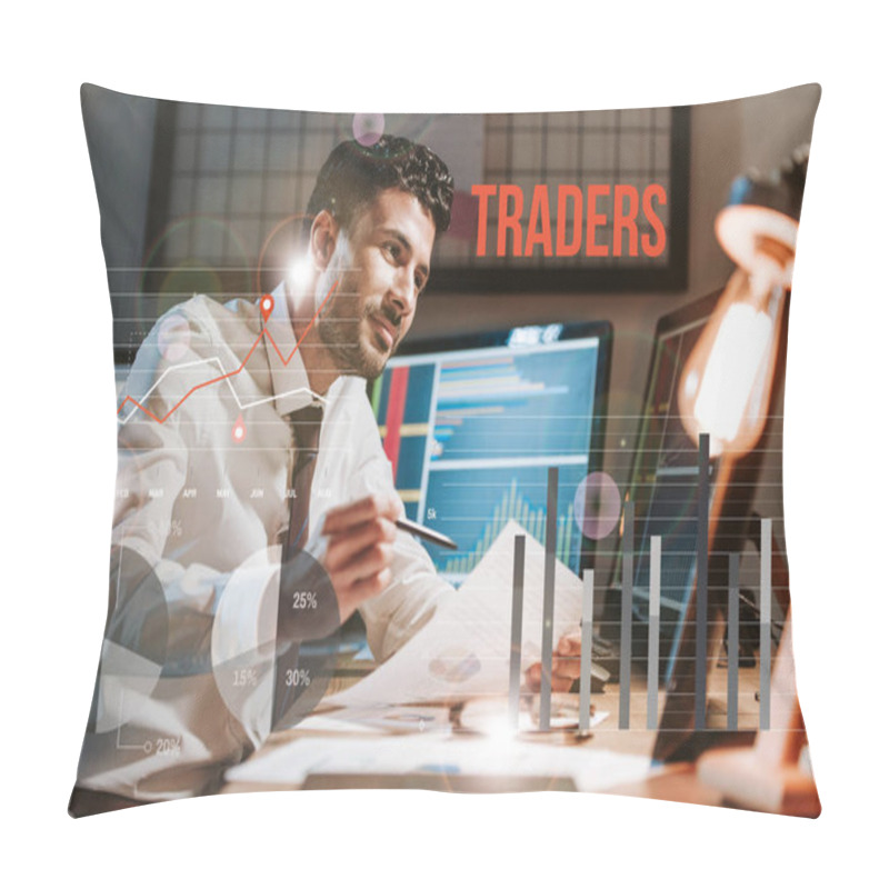 Personality  Happy Bi-racial Man Holding Paper Near Computer With Graphs And Traders Letters Pillow Covers