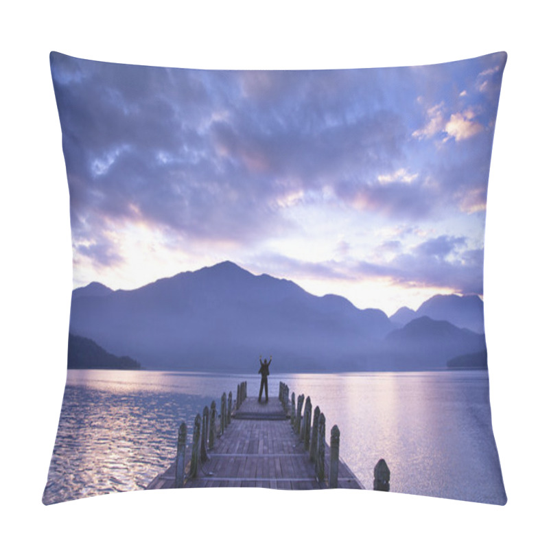 Personality  Man Stand On A Pier And Watching The Mountains And Lake Pillow Covers