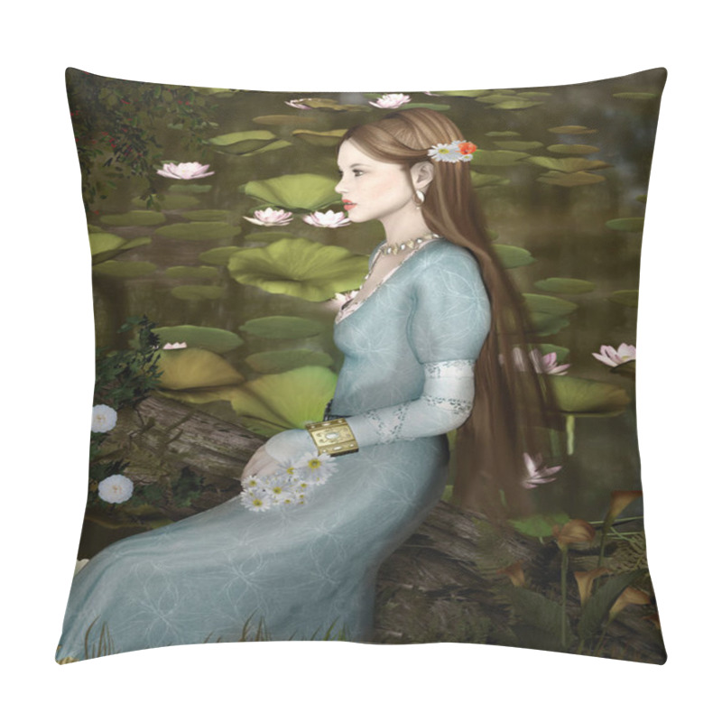 Personality  Romantic Portrait Of A Young Girl Sitting On A Tree Trunk By Pond Full Of Water Lilies Pillow Covers