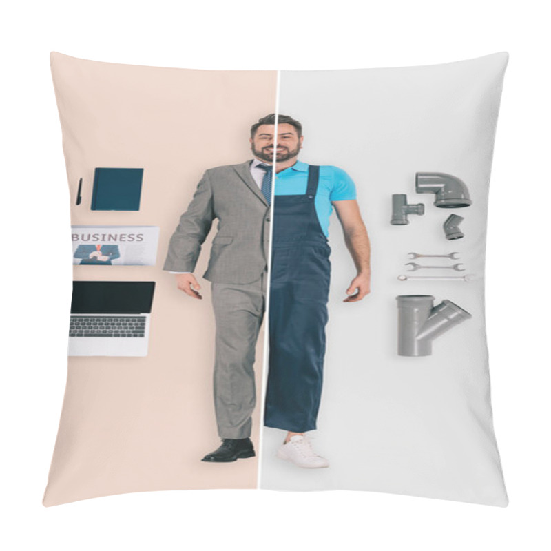 Personality  Young Man In Two Occupations Of Plumber And Businessman On Different Backgrounds  Pillow Covers