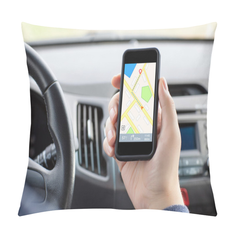 Personality  Man Sitting In The Car And Holding A Phone With Interface Naviga Pillow Covers