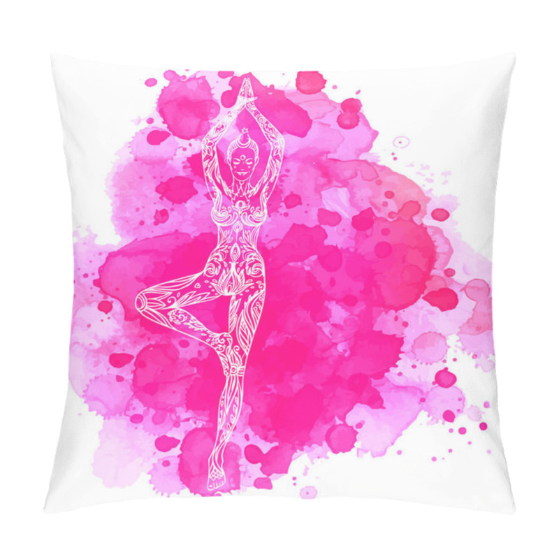 Personality  Woman Ornate Silhouette Sitting In Lotus Pose. Meditation Concept. Vector Illustration. Over Colorful Watercolor Background Pillow Covers