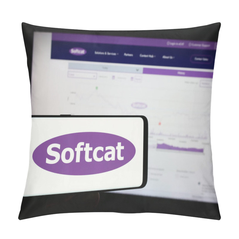 Personality  Stuttgart, Germany - 04-08-2024: Person Holding Mobile Phone With Logo Of British Information Technology Company Softcat Plc In Front Of Business Web Page. Focus On Phone Display. Pillow Covers