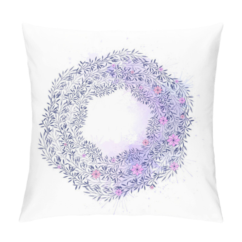 Personality  Gentle Round Wreath Of Flowers, Plants And Branches With Leaves And Watercolor Splashes. The Object Is Separate From The Background. Circle Frame Pillow Covers