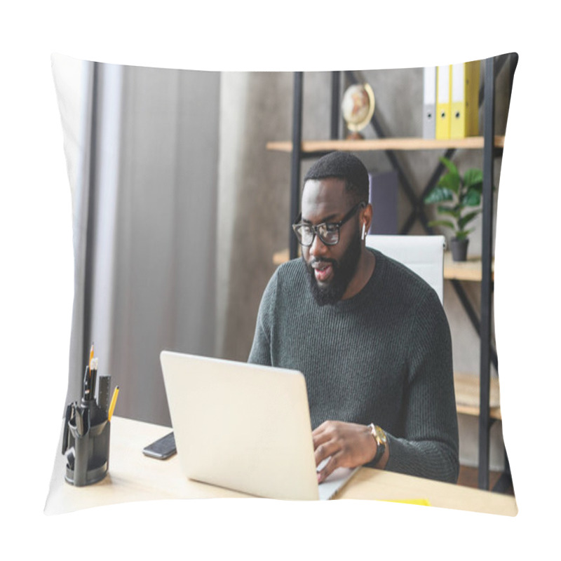 Personality  An African-American Guy Using Laptop In The Office Pillow Covers