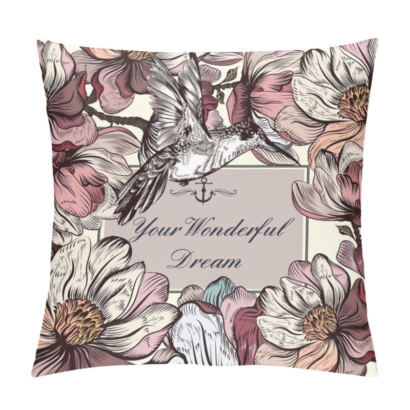 Personality  Vector Background With Magnolia Flowers And Bird In Engraved Sty Pillow Covers