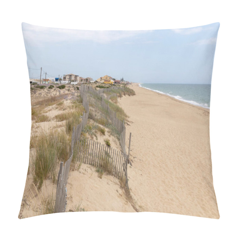 Personality  Sand Dunes Shoreline On The Beach Of Faro Region, Portugal. Pillow Covers