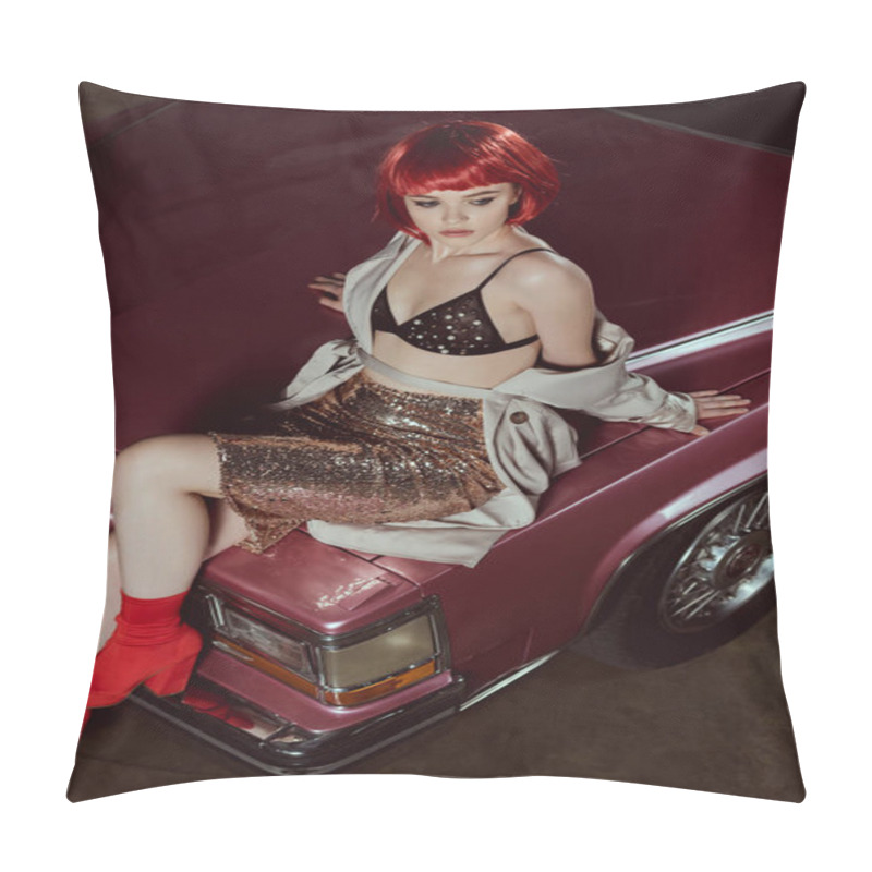 Personality  High Angle View Of Beautiful Stylish Girl In Red Wig Sitting On Classic Car Pillow Covers