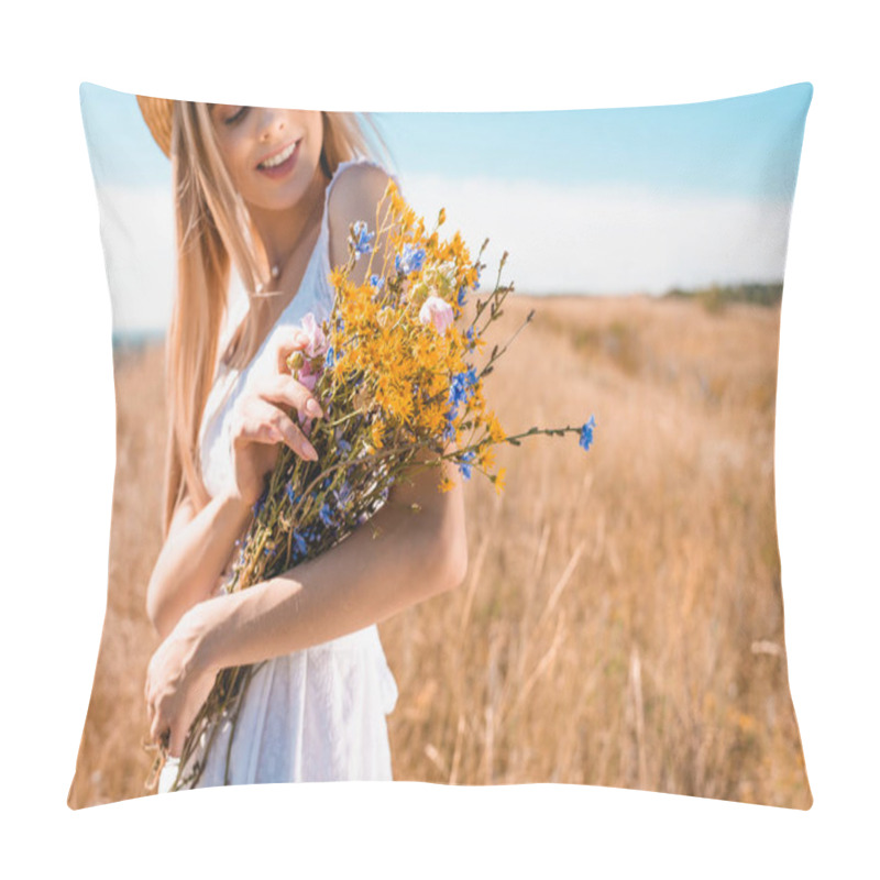 Personality  Selective Focus Of Young Blonde Woman Holding Bouquet Of Wildflowers In Meadow Pillow Covers