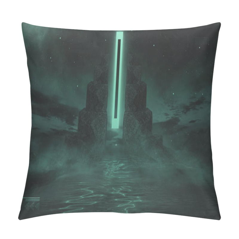 Personality  Futuristic Fantasy Night Landscape With Abstract Landscape And Island, Moonlight, Radiance, Moon, Neon. Dark Natural Scene With Light Reflection In Water. Neon Space Galaxy Portal. 3D Illustration.  Pillow Covers