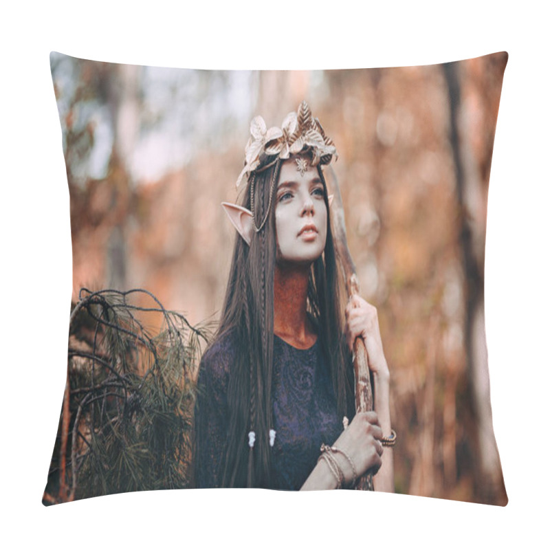 Personality  Beautiful Elf Woman Fabulous, Fairy Forest, Famtasy Young Woman With Long Ears, Long Dark Hair Golden Wreath Crown On Head Pillow Covers