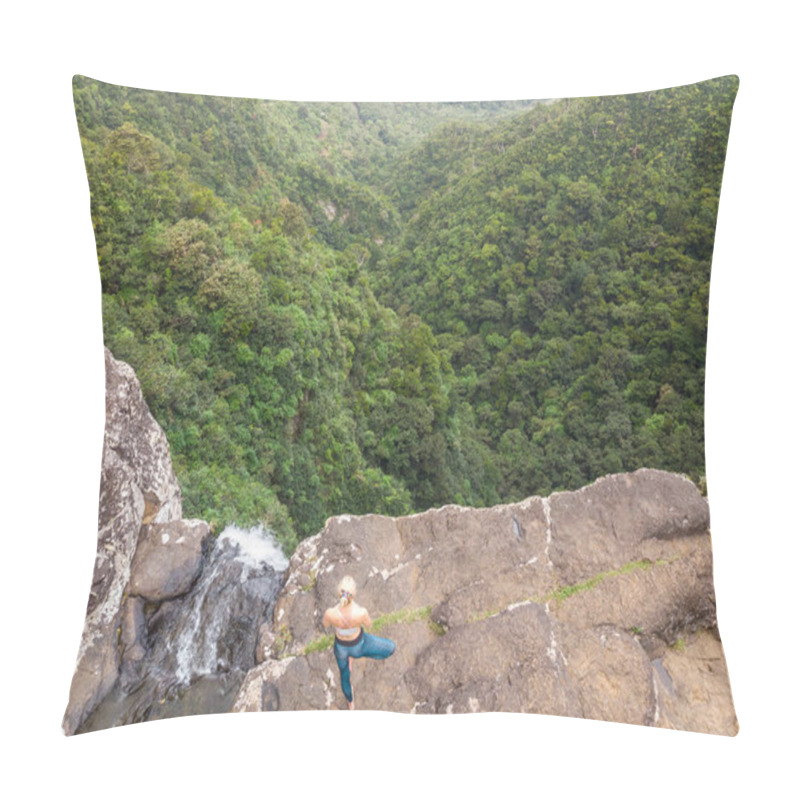 Personality  Active Sporty Woman Relaxing In Nature, Practicing Yoga On High Clif By 500 Feet Waterfall At Black River Gorges National Park On Tropical Paradise Island Of Mauritius Pillow Covers