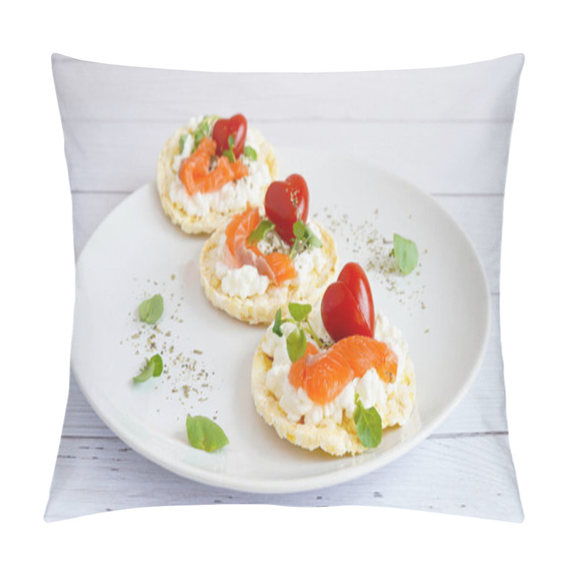 Personality  Healthy Corn Cake With Cream Cheese, Salmon And Cherry Tomatoes Shaped Of Heart On The White Plate. Valentine Menu Concept Pillow Covers